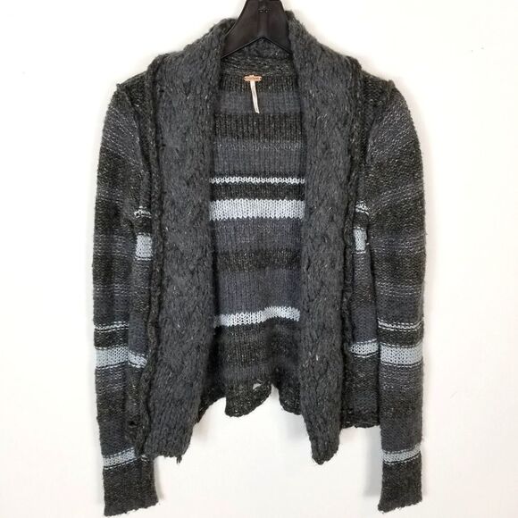 Free People Women Striped Cardigan Sweater Size S Wool Blend Gray Hook & Loop - Picture 1 of 7